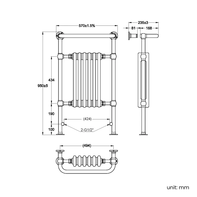 Gibraltar Medium Brushed Brass Traditional Heated Towel Radiator (With Overhanging Rail)