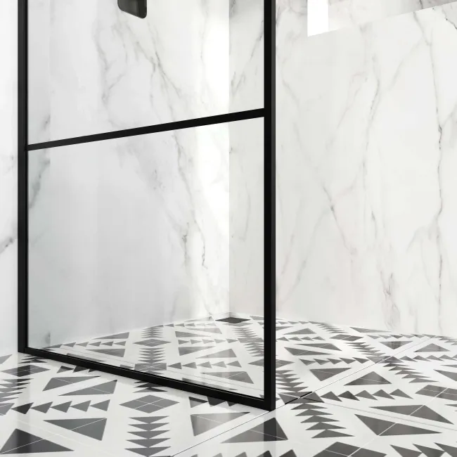 Munich Matt Black Grid Easy Clean 8mm Wet Room Shower Glass Panel 800mm