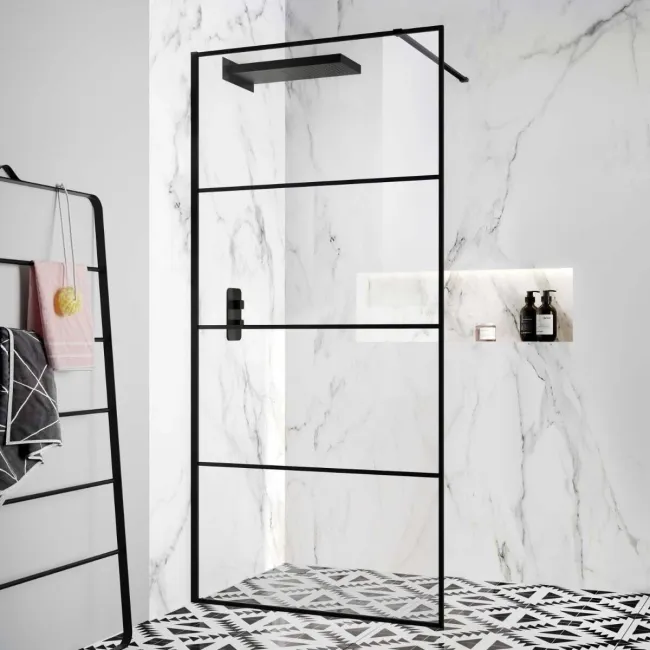 Munich Matt Black Grid Easy Clean 8mm Wet Room Shower Glass Panel 1000mm