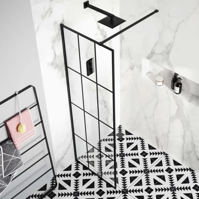 Munich Matt Black Grid Easy Clean 8mm Wet Room Shower Glass Panel 700mm