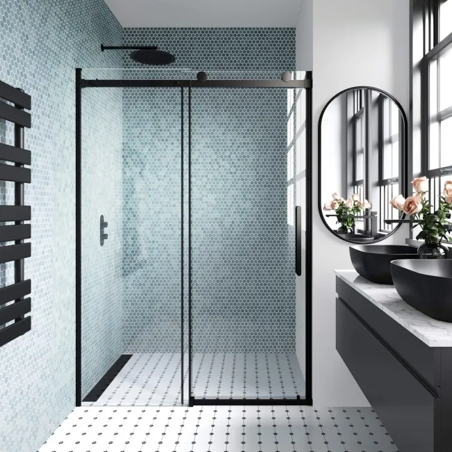 Oslo Matt Black Premium Easy Clean 8mm Sliding Shower Door 1400mm
