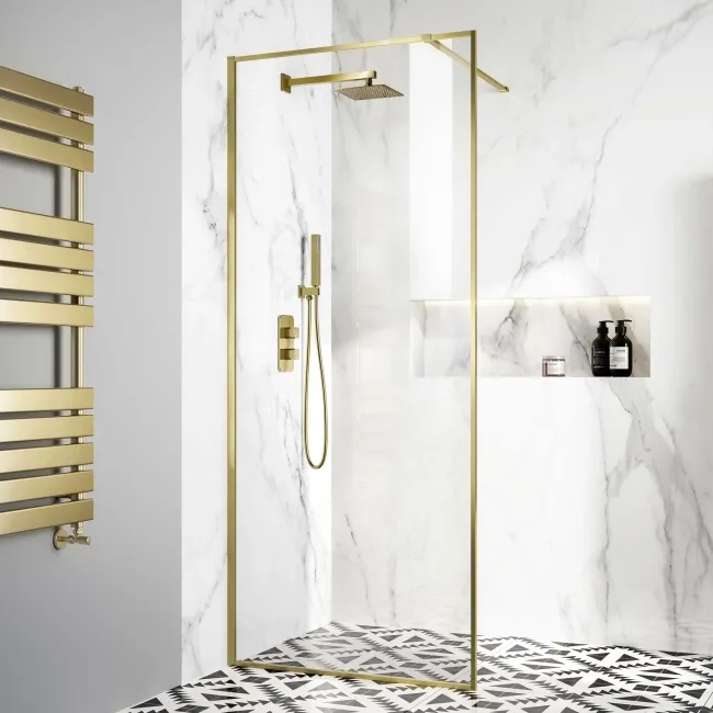 Munich Brushed Brass Framed Easy Clean 8mm Wet Room Shower Glass Panel 700mm