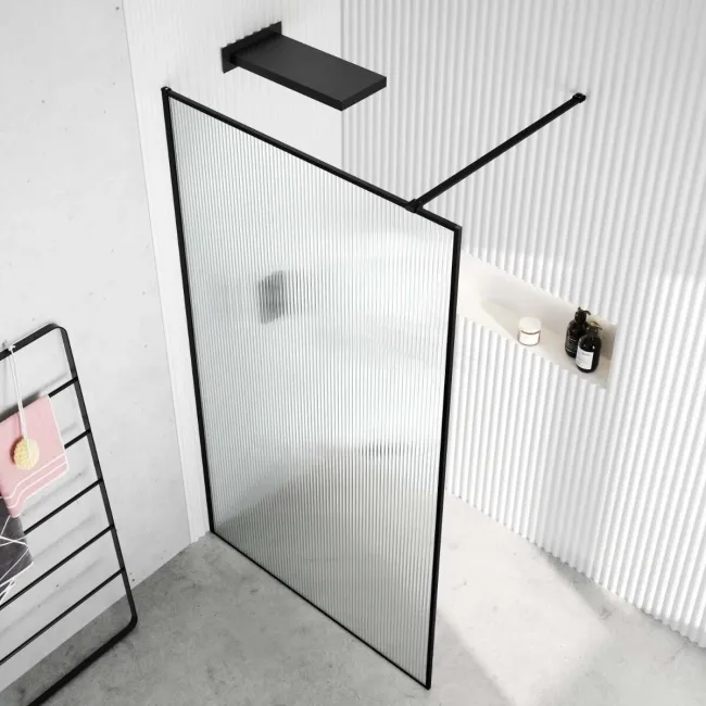 Munich Fluted Effect Matt Black Framed Easy Clean 8mm Wet Room Shower Glass Panel 1200mm