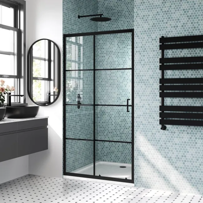 London Matt Black Grid 6mm Sliding Shower Door 1000mm