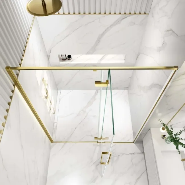 Helsinki Brushed Brass Premium Easy Clean 8mm Hinged Shower Door 1400mm