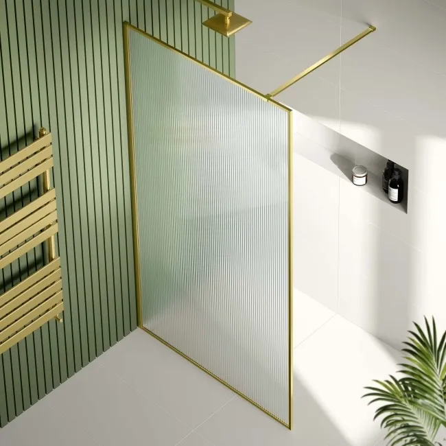Munich Fluted Effect Brushed Brass Easy Clean 8mm Wet Room Shower Glass Panel 1100mm