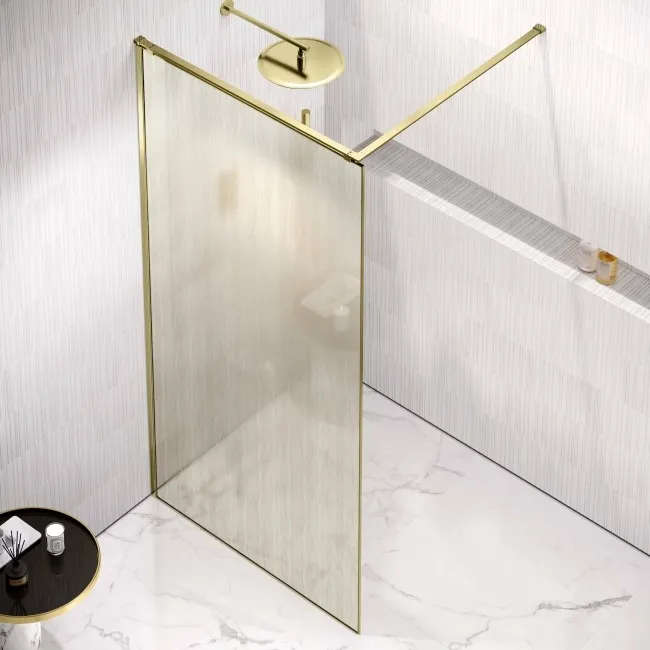 Lyon Brushed Brass 8mm Laminated Wet Room Shower Glass Panel with Gold Mesh Inlay 1000mm