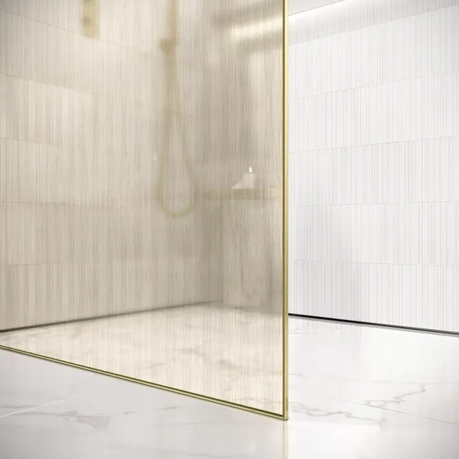 Lyon Brushed Brass 8mm Laminated Wet Room Shower Glass Panel with Gold Mesh Inlay 1200mm