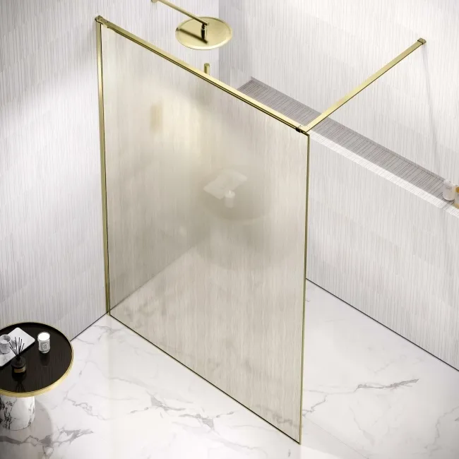 Lyon Brushed Brass 8mm Laminated Wet Room Shower Glass Panel with Gold Mesh Inlay 1400mm