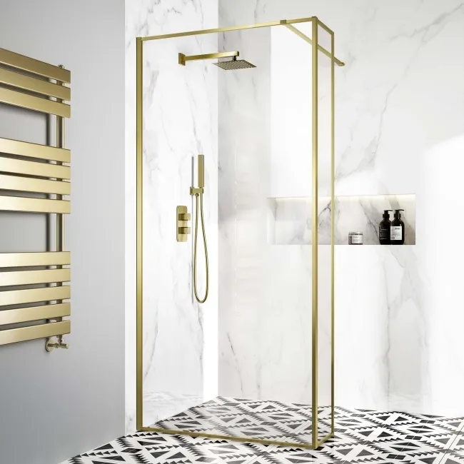 Munich Brushed Brass Framed Easy Clean 8mm Wet Room Shower Glass Return Panel 250mm