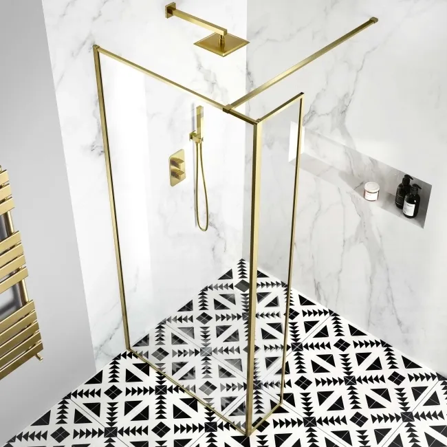 Munich Brushed Brass Framed Easy Clean 8mm Wet Room Shower Glass Return Panel 250mm