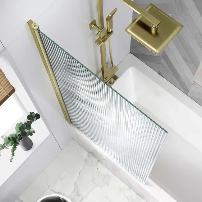Geneva Fluted Effect Brushed Brass Easy Clean 6mm Bath Screen - 800mm