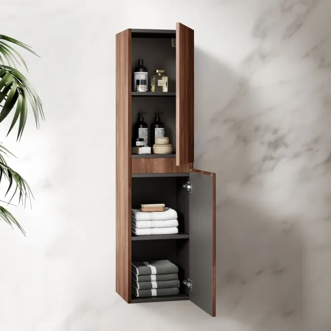 Malta Fluted Black Walnut Wall Hung Tall Cabinet 1400x350mm