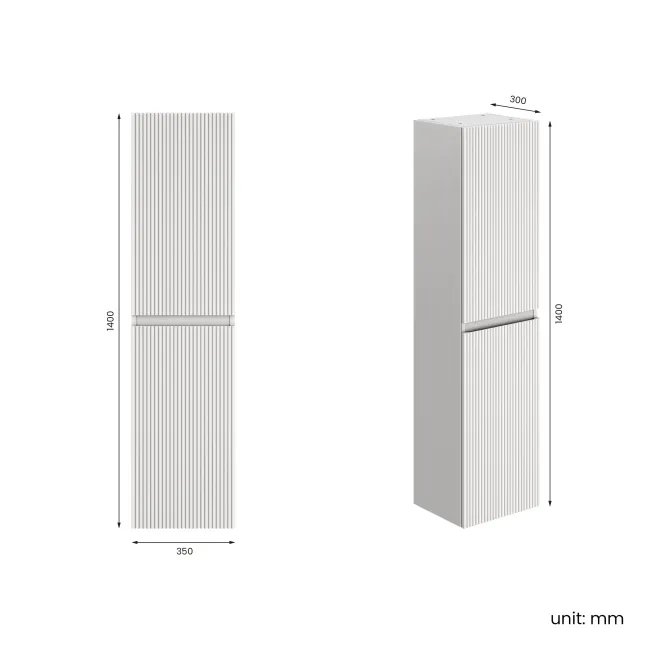 Malta Fluted Coastal White Wall Hung Tall Cabinet 1400x350mm