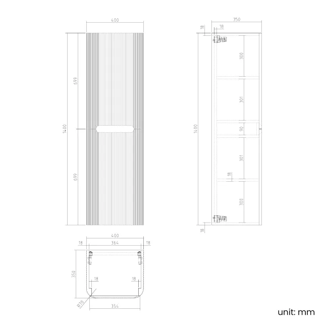Sorrento Fluted Matt Black Wall Hung Tall Cabinet 1400x400mm