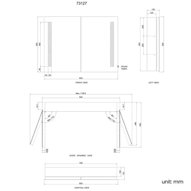 Emielia Battery Operated Illuminated LED Mirror Cabinet 600x800mm