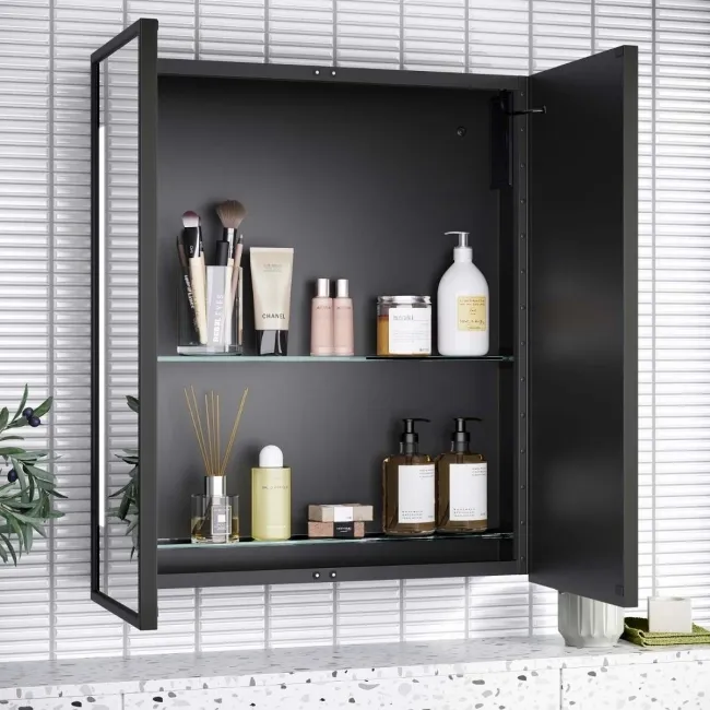 Mia Battery Operated Black Framed Illuminated LED Mirror Cabinet 710x600mm
