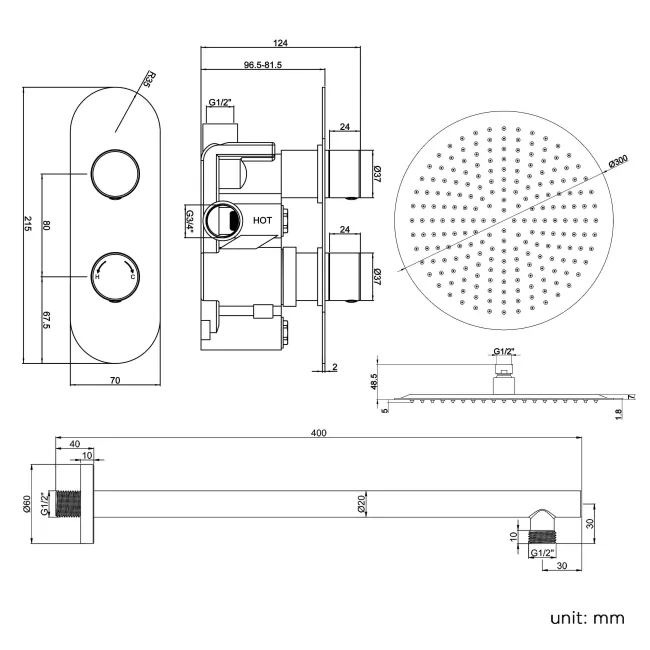 Ballina Premium Chrome Round Thermostatic Shower Set - 300mm Head