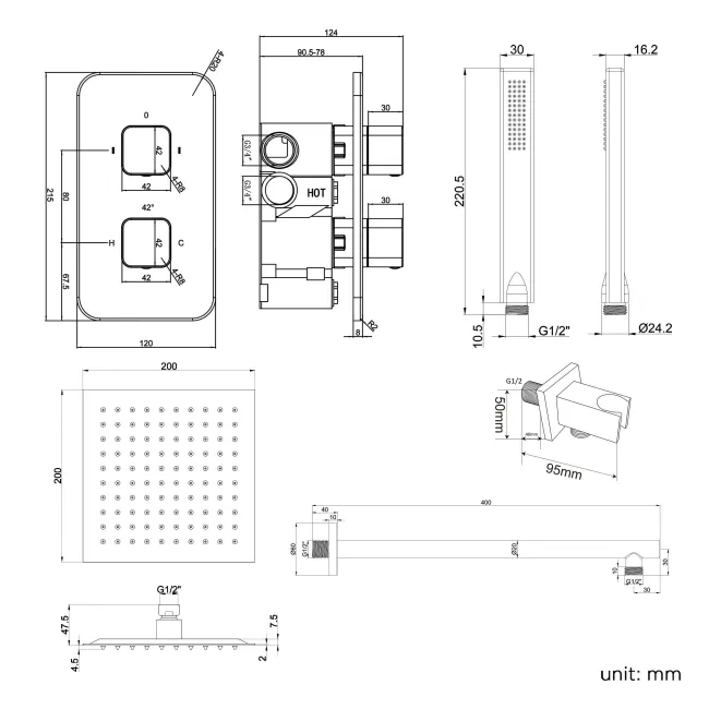 Galway Premium Matt Black Square Thermostatic Shower Set - 200mm Head & Hand Shower