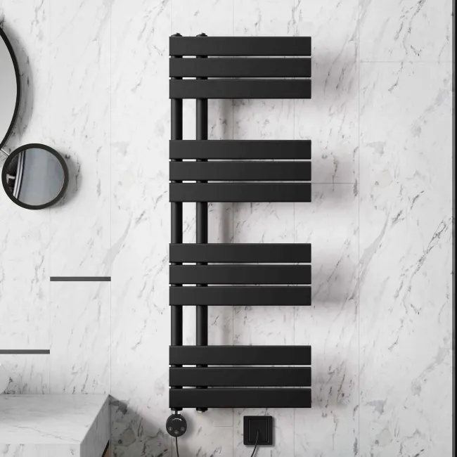 Seville Electric Matt Black Designer Flat Panel Heated Towel Rail 1200x450mm