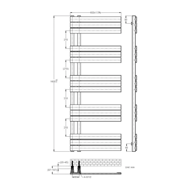 Seville Electric Matt Black Designer Flat Panel Heated Towel Rail 1600x600mm
