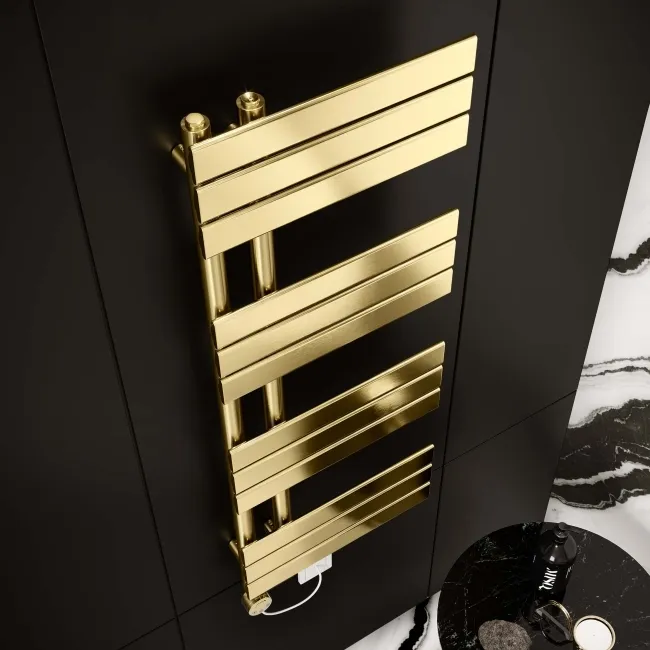 Seville Electric Brushed Brass Designer Flat Panel Heated Towel Rail 1200x450mm