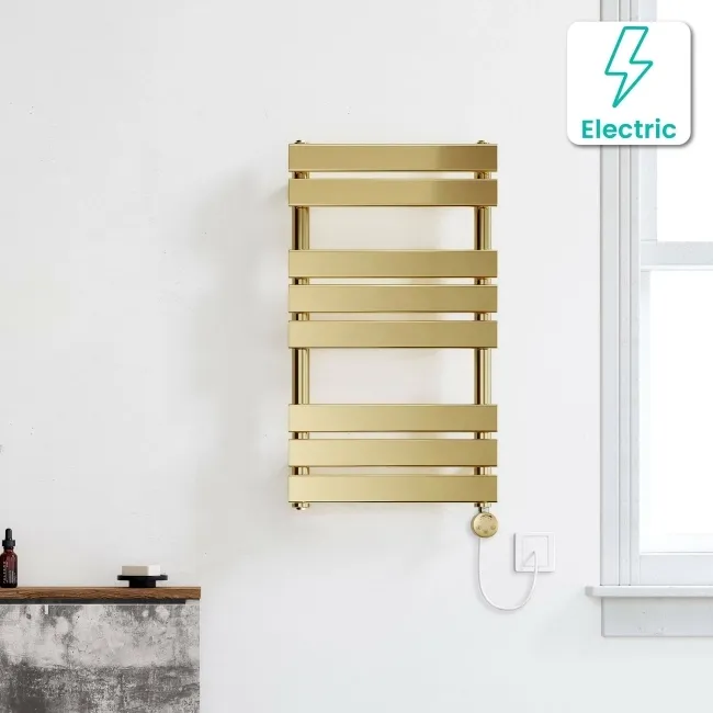 Santorini Electric Brushed Brass Flat Panel Heated Towel Rail 800x450mm