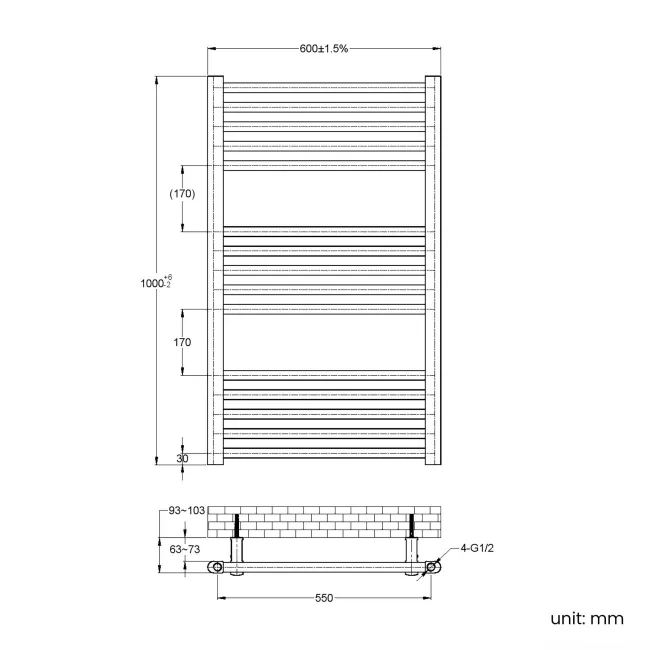 Naples Electric Premium Matt Black Straight Heated Towel Rail 1000x600mm