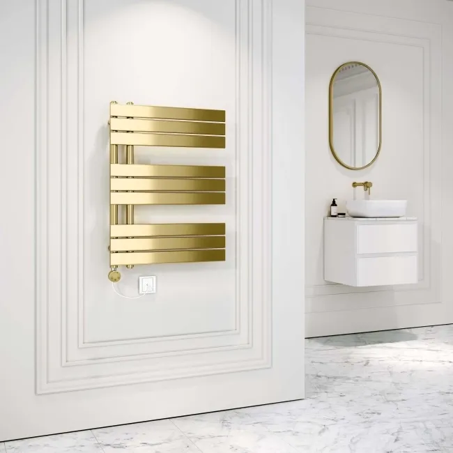 Seville Electric Brushed Brass Designer Flat Panel Heated Towel Rail 800x600mm
