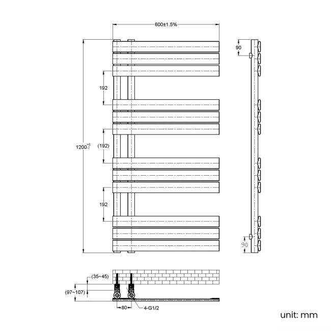 Seville Electric Brushed Brass Designer Flat Panel Heated Towel Rail 1200x600mm