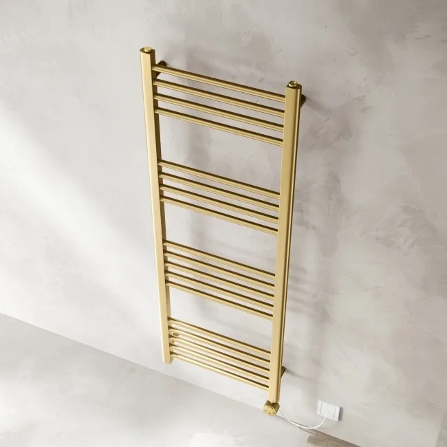Barcelona Electric Brushed Brass Straight Heated Towel Rail 1400x500mm