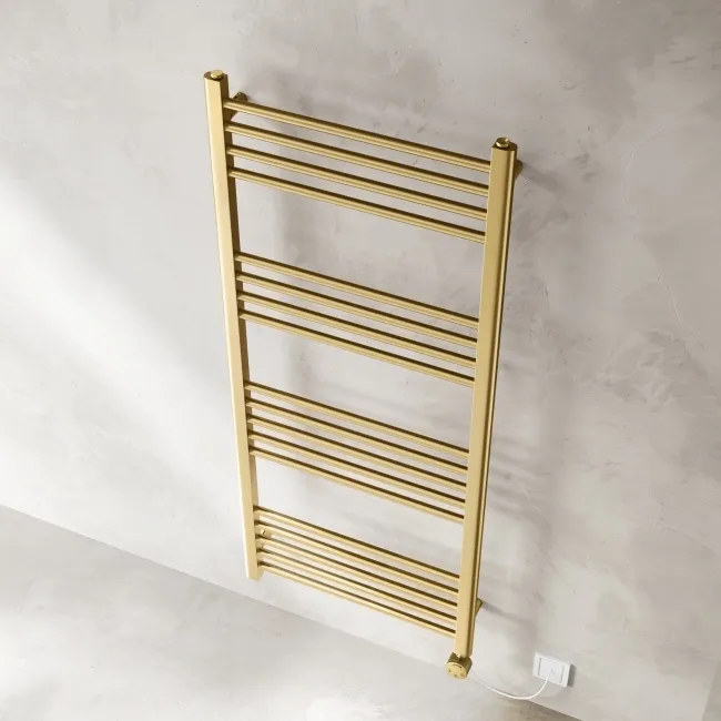 Barcelona Electric Brushed Brass Straight Heated Towel Rail 1400x600mm