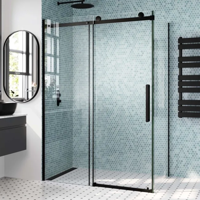 Oslo Matt Black Premium Easy Clean 8mm Sliding Shower Enclosure 1400x900mm
