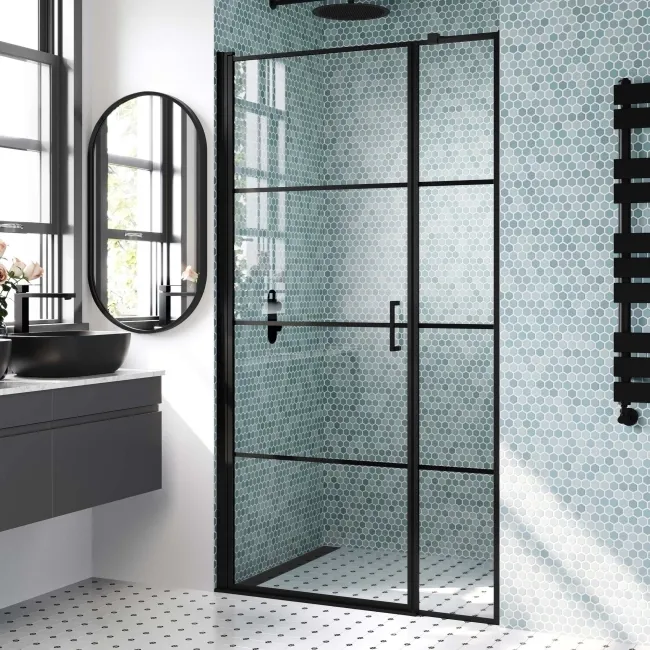 Toulon Matt Black Easy Clean 6mm Pivot Shower Door 1000mm