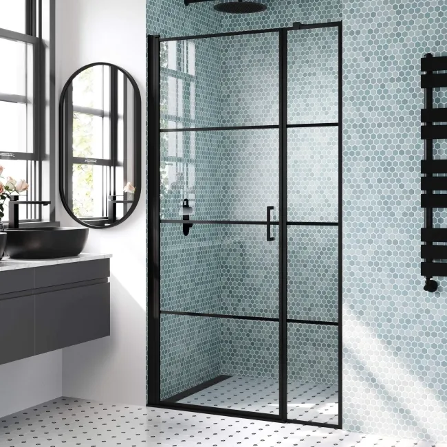 Toulon Matt Black Easy Clean 6mm Pivot Shower Door 1100mm
