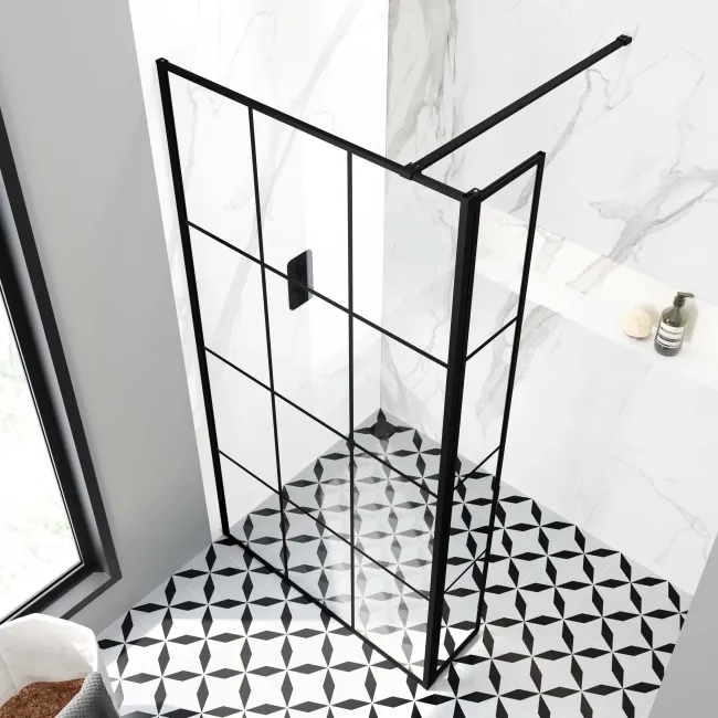 Munich Matt Black Grid 8mm Wet Room Shower Glass 1100mm & 250mm Pivotal Return Panel