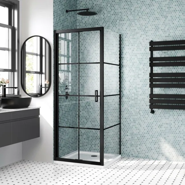 London Matt Black Grid 6mm Bifold Shower Enclosure 800x800mm
