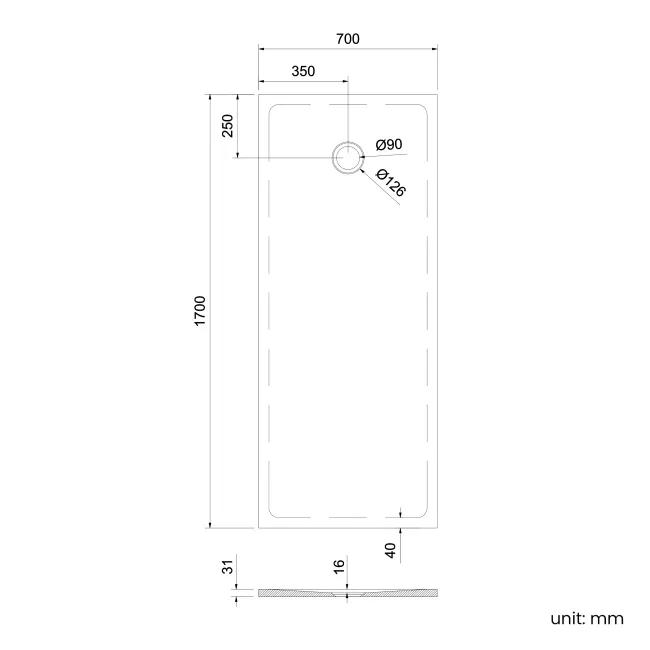 Seoul Low Profile Rectangular Matt White Stone Shower Tray 1700x700mm