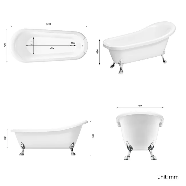 Highbury 1550mm Roll Top Slipper Bath - Chrome Claw Feet