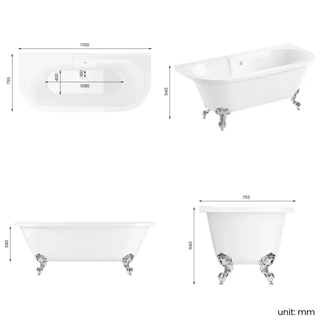 Harrow 1700mm Back To Wall Roll Top Bath - Chrome Ball Feet