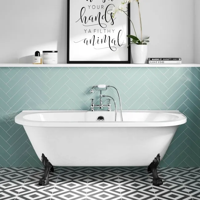 Harrow 1700mm Back To Wall Roll Top Bath - Black Claw Feet