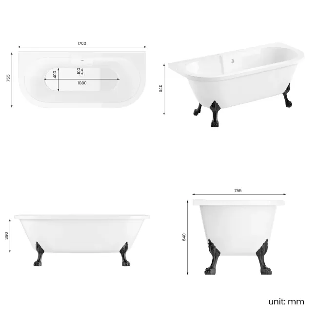 Harrow 1700mm Back To Wall Roll Top Bath - Black Claw Feet