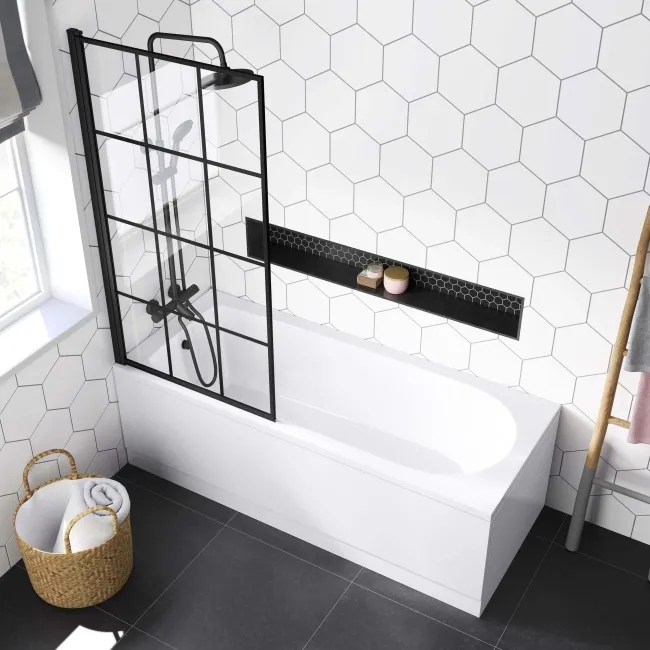 Stafford Round Shower Bath 1700x700 & 6mm Easy Clean Matt Black Grid Bath Screen