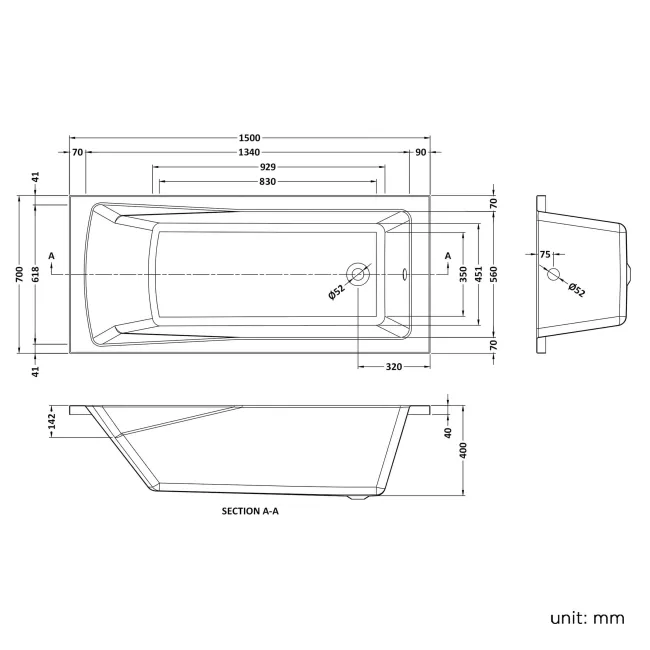Hereford Square Shower Bath 1500x700 & 6mm Easy Clean Matt Black Grid Bath Screen