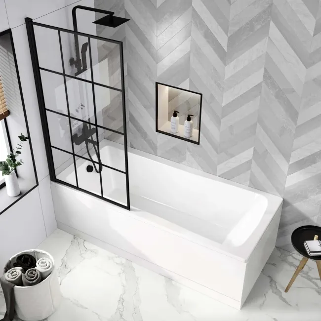 Hereford Square Shower Bath 1800x800 & 6mm Easy Clean Matt Black Grid Bath Screen