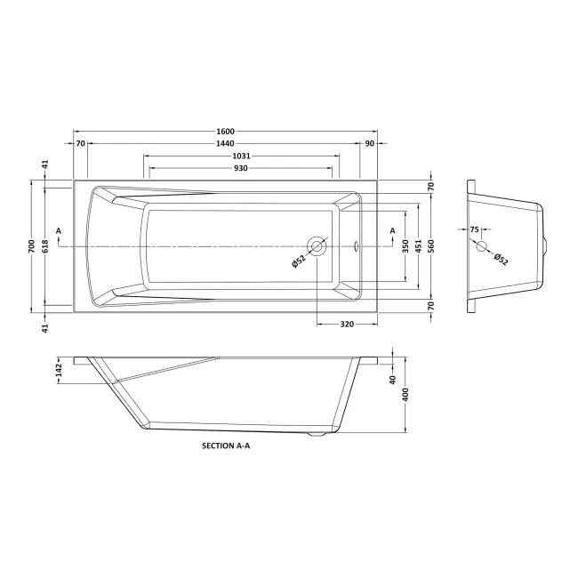Hereford 1600x700 Square Shower Bath & 6mm Easy Clean Matt Black Framed Bath Screen