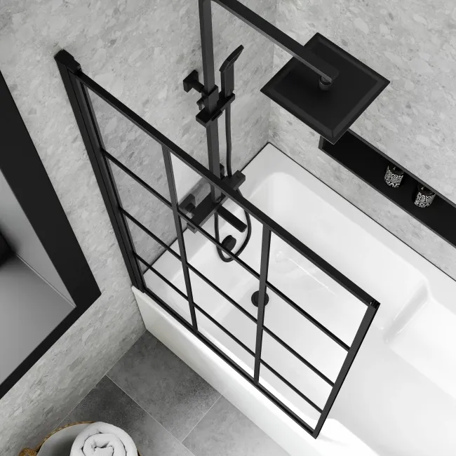 Dover 1600x750 Keyhole Shower Bath & 6mm Easy Clean Matt Black Grid Bath Screen