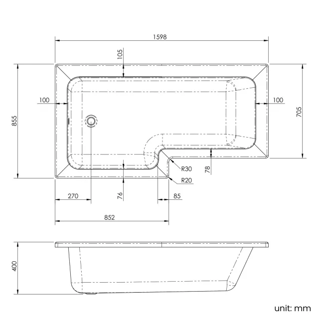 L Shaped 1600 Shower Bath & 6mm Easy Clean Brushed Brass Bath Screen - Left Handed