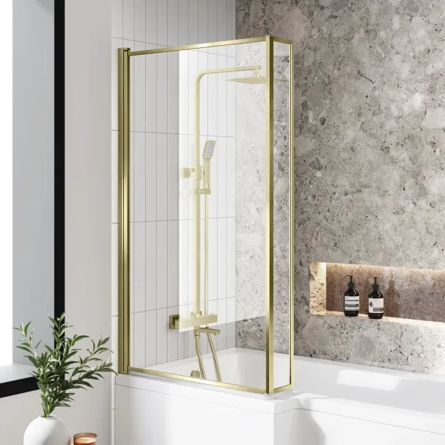 L Shaped 1600 Shower Bath with Front Panel & 6mm Easy Clean Brushed Brass Bath Screen - Left Handed