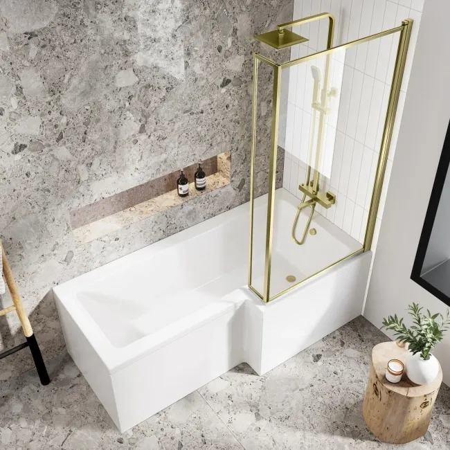 L Shaped 1700 Shower Bath with Front Panel & 6mm Easy Clean Brushed Brass Bath Screen - Right Handed